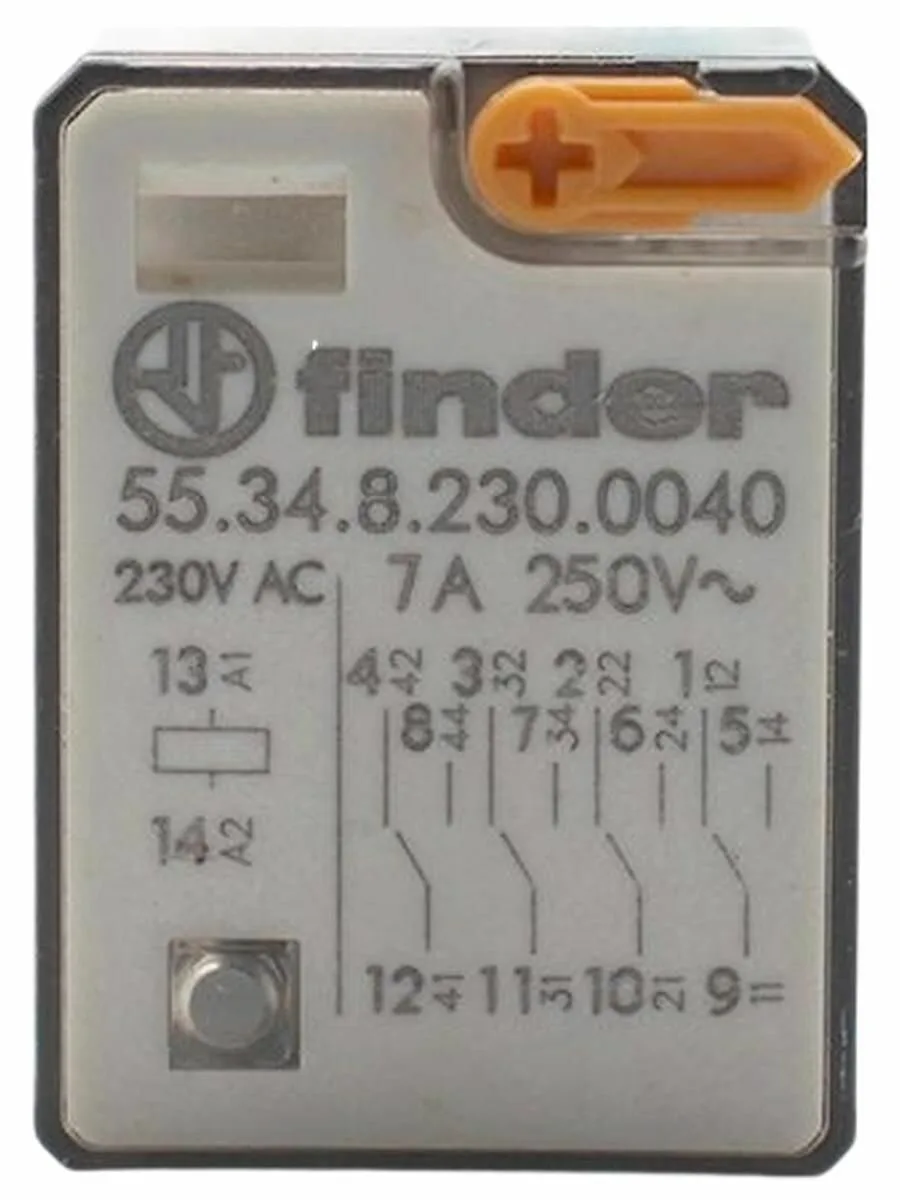 Реле универсальное: 4CO (nPDT) 7A AgNi, 230V AC, кнопка Тест, механический индикатор