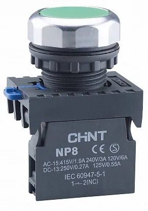 CHINT Кнопка управления NP8-11GND/1 1НО+1НЗ зеленая AC110В-220В(LED) IP65